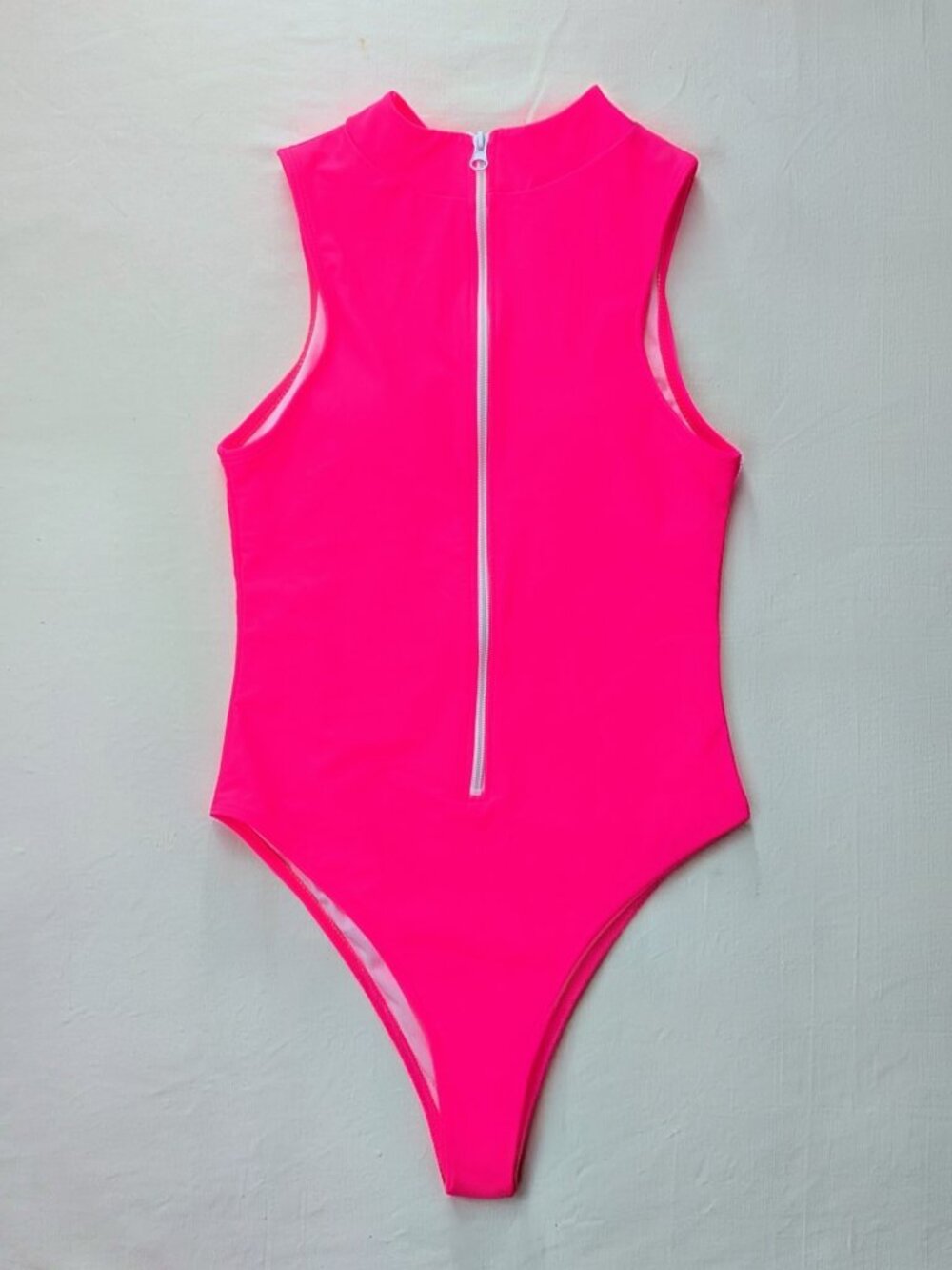 SHEIN Hot Neon Pink Zip Front High Neck One Piece Swimsuit Size S For Women